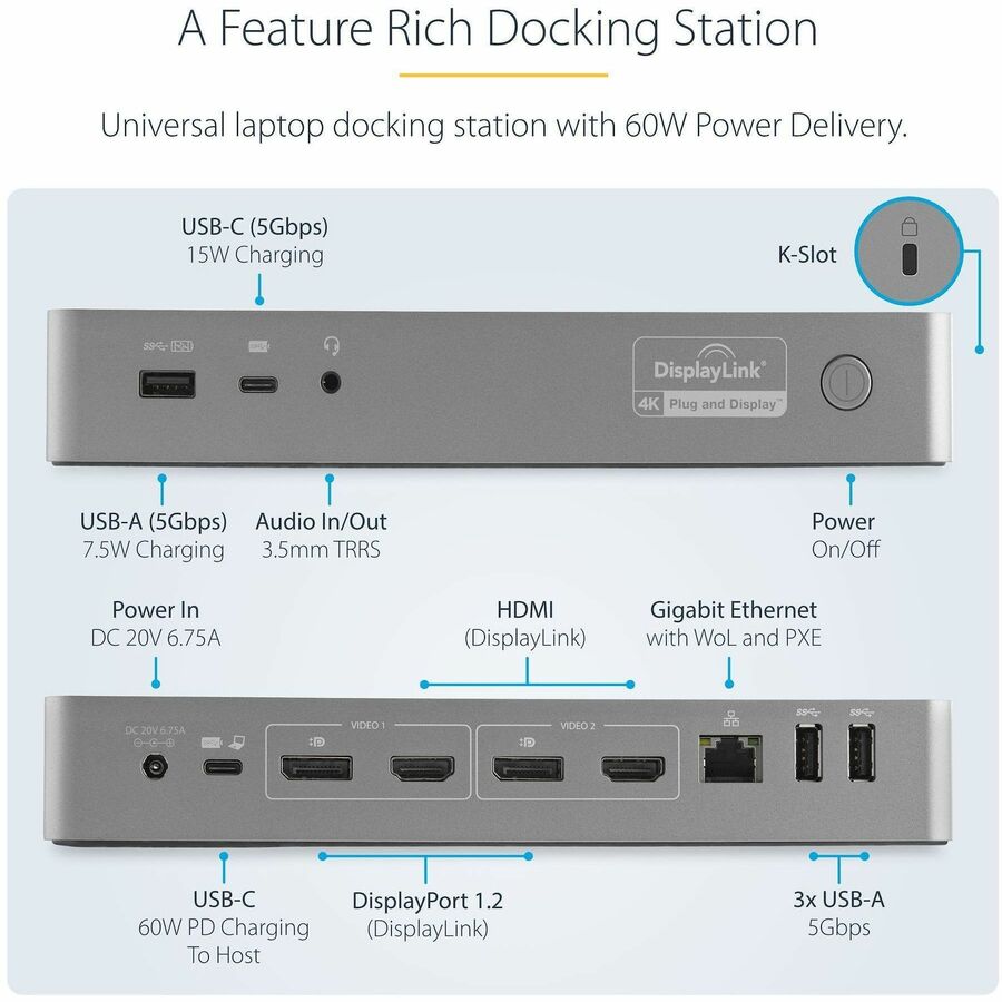 StarTech.com Universal Laptop Docking Station, Hybrid USB-C & USB-A Dock, Dual 4K DP & HDMI, 60W PD, Mac / Windows / Chrome OS, GbE - DK30C2DPPD