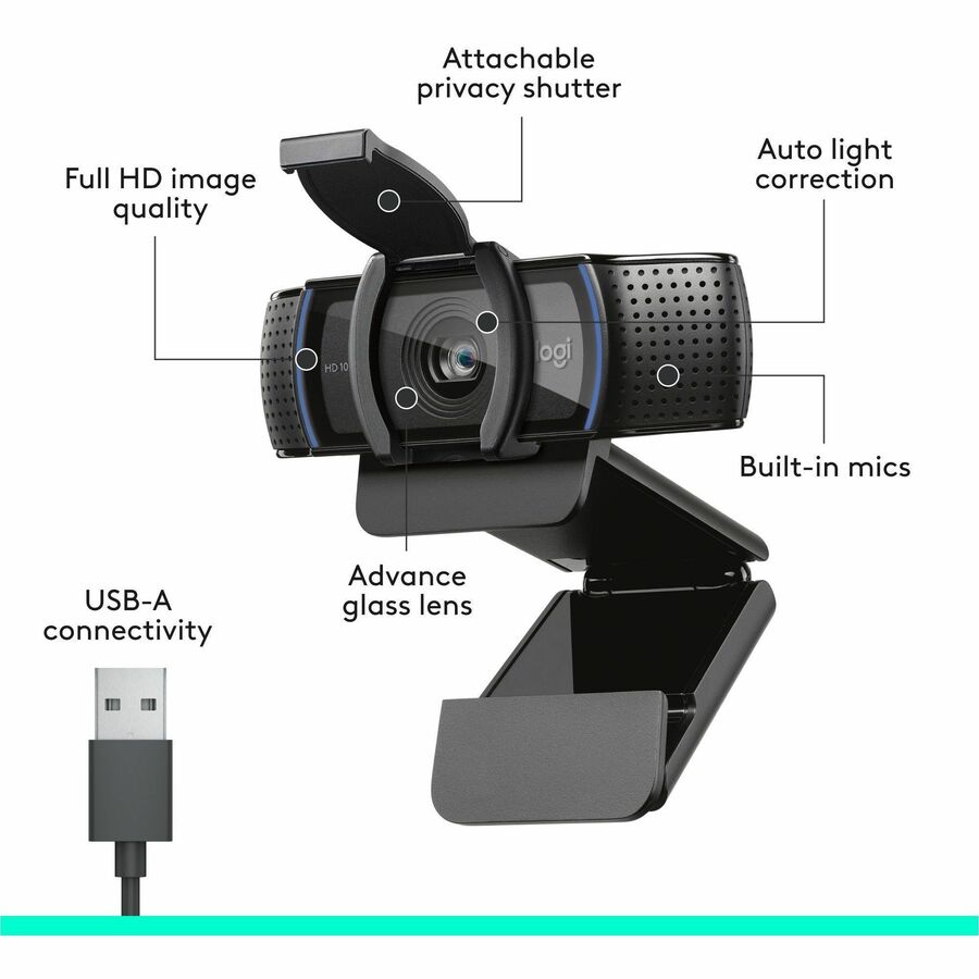 Logitech C920S Webcam - 3 Megapixel - 30 fps - Black - USB 3.1 - 1 Each - 960-001257