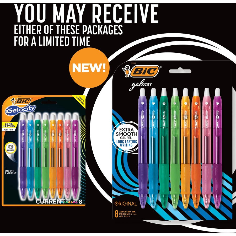 BIC Gel-ocity Original Assorted Fashion colours Gel Pens, Medium Point (0.7mm), 8-Count Pack, Retractable Gel Pens With Comfortable Grip - RLCAP81-AST