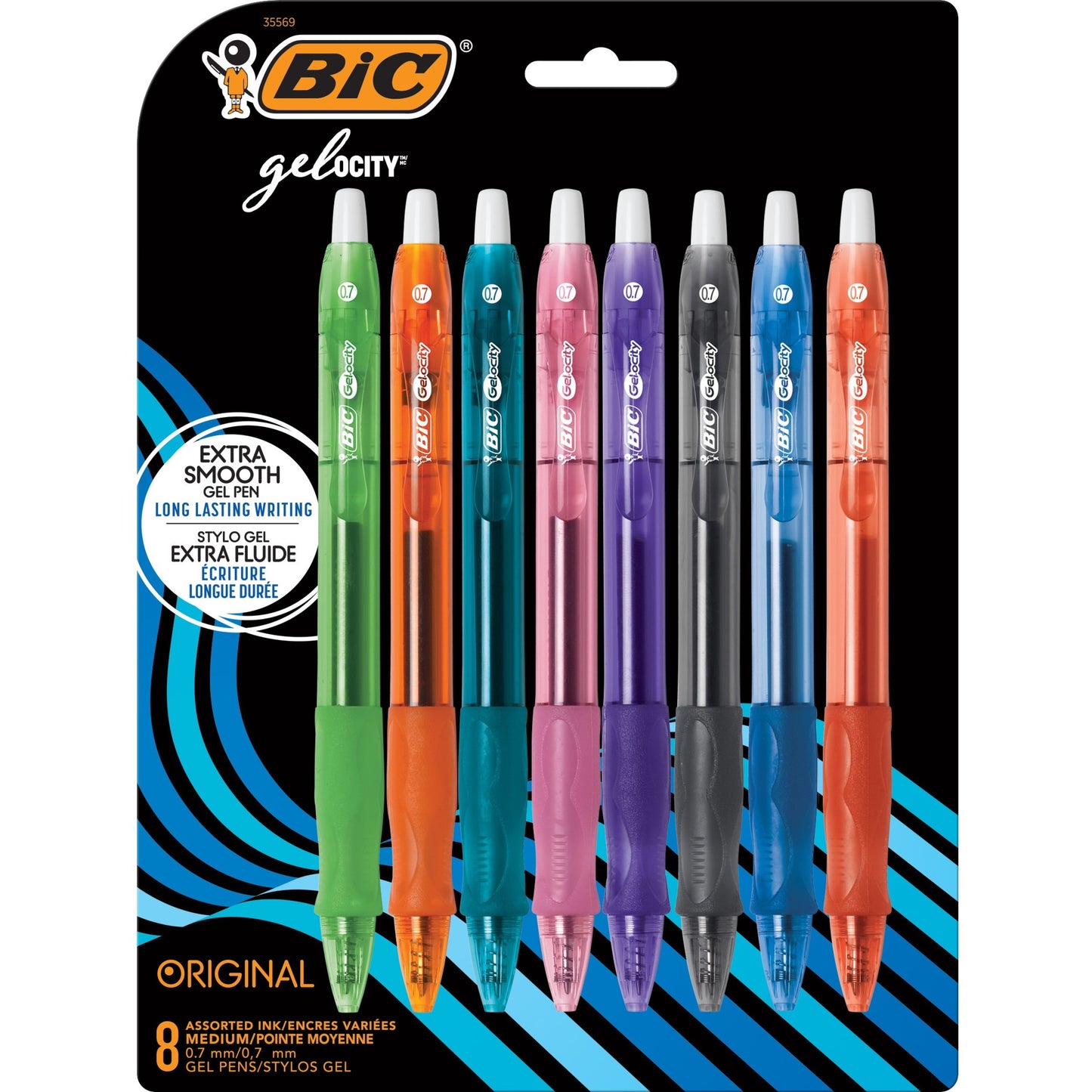 BIC Gel-ocity Original Assorted Fashion colours Gel Pens, Medium Point (0.7mm), 8-Count Pack, Retractable Gel Pens With Comfortable Grip