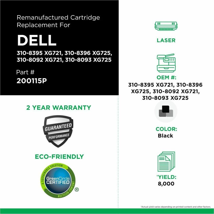 CIG Remanufactured High Yield Laser Toner Cartridge Dell 310-8092, Dell 310-8093, Dell 310-8395, Dell 310-8396, Dell XG721, Dell XG725 - Black - 1 Each - 200115P
