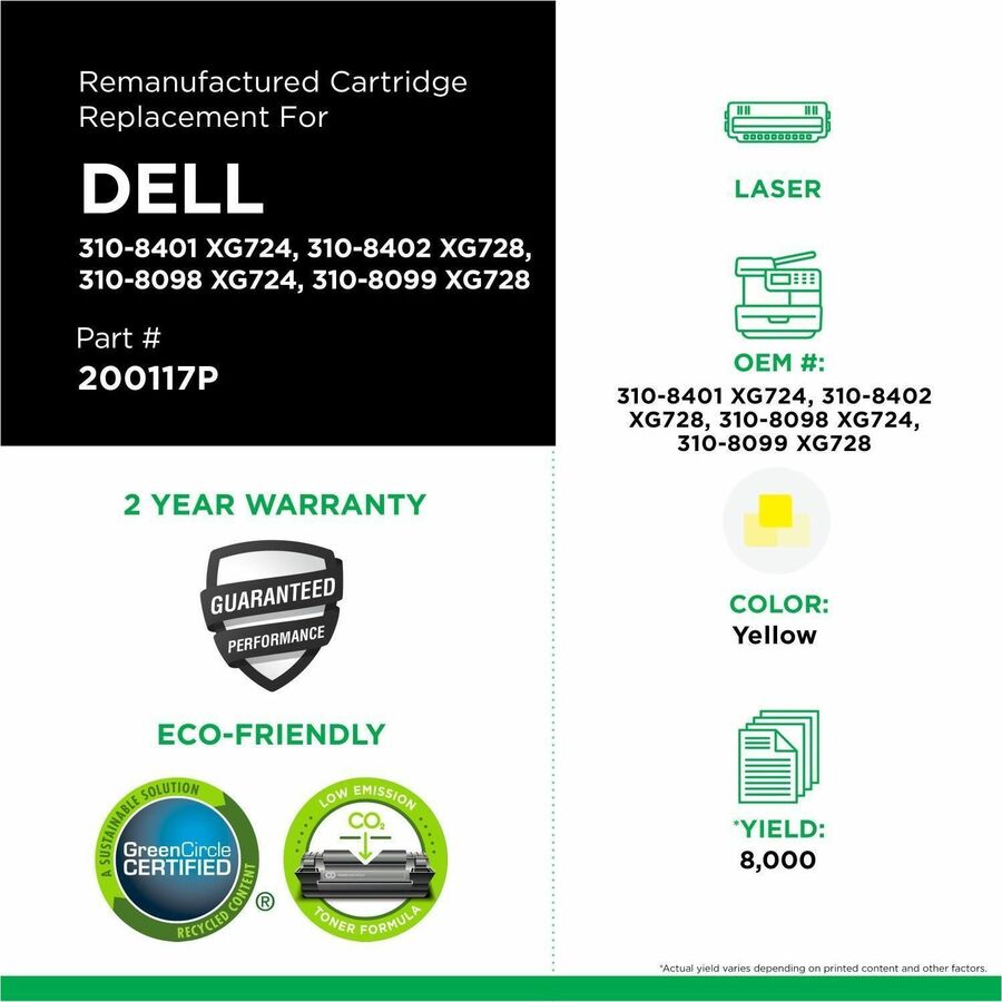 CIG Remanufactured High Yield Laser Toner Cartridge Dell 310-8098, Dell 310-8099, Dell 310-8401, Dell 310-8402, Dell XG724, Dell XG728 - Yellow - 1 Each - 200117P