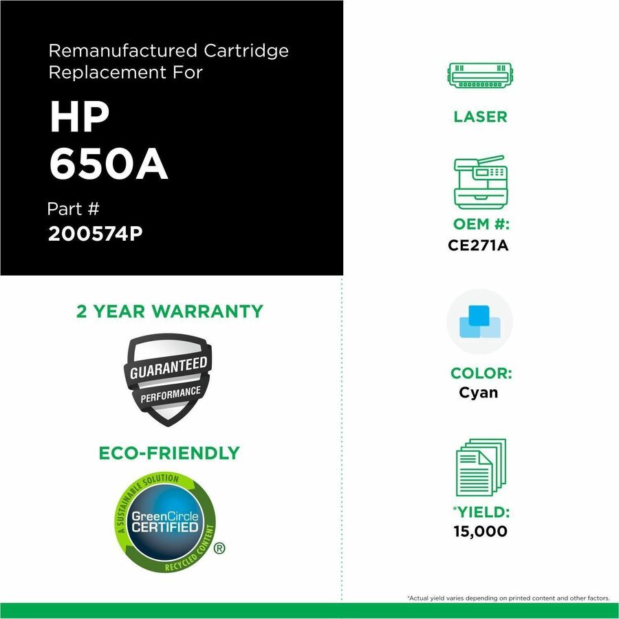 CIG Remanufactured Laser Toner Cartridge 650A (HP 650A, HP CE271A) - Cyan Each - 200574P