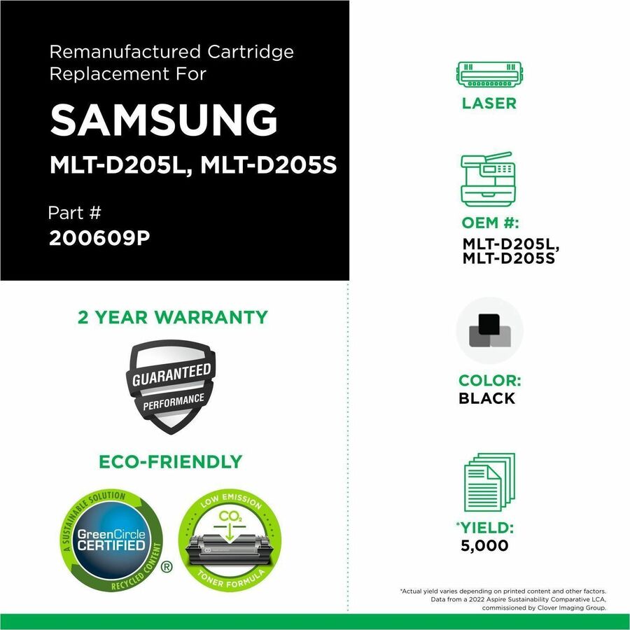 CIG Remanufactured High Yield Laser Toner Cartridge Samsung 205L, Samsung 205S, Samsung MLT-D205L, Samsung MLT-D205L/ELS, Samsung MLT-D205S, Samsung MLT-D205S/ELS - Black - 1 Each - 200609P