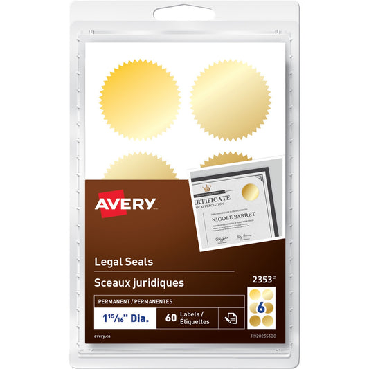 Avery&reg; Legal SealsHandwrite, 1-15/16" Diameter, Gold