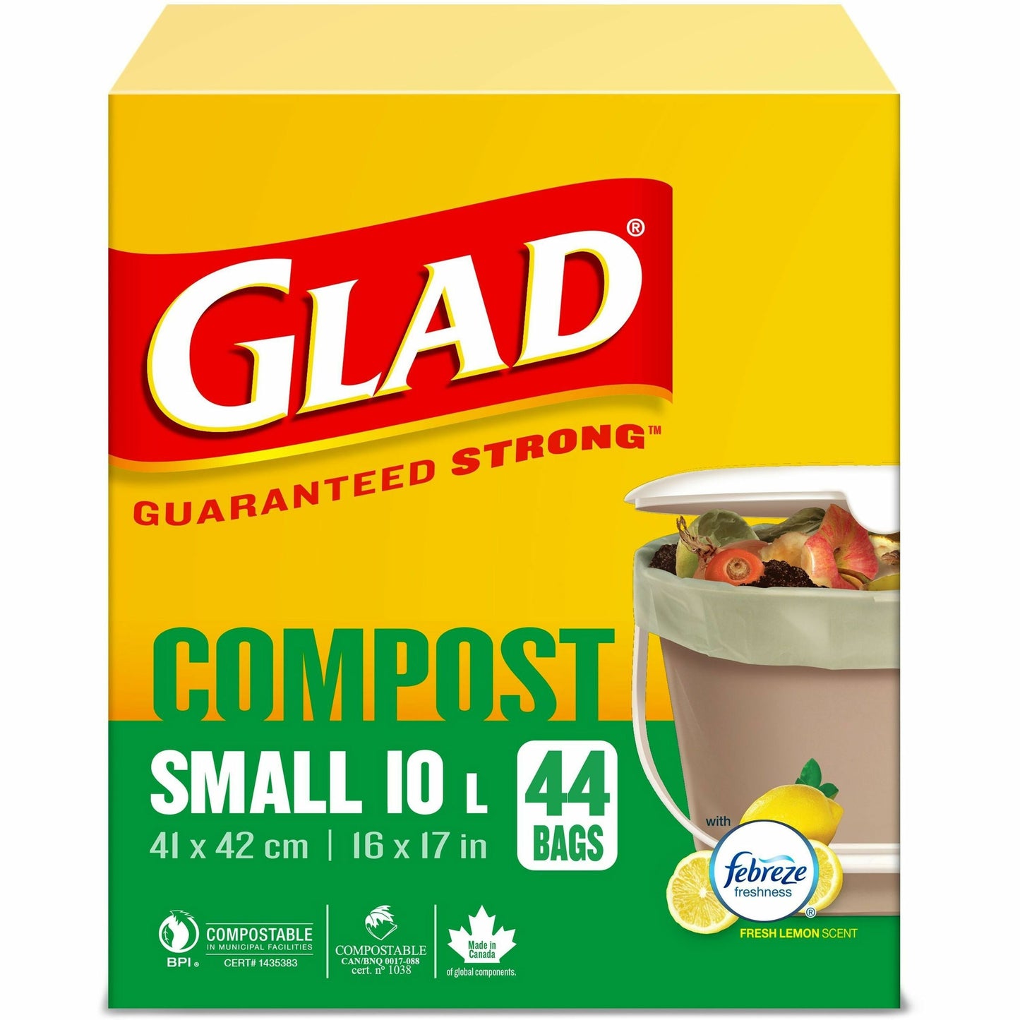 Glad 100% Compostable Bags - Small 10 Litres - Lemon scent, 44 Compost Bags