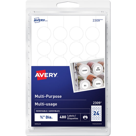 Avery&reg; Multi-Purpose Removable Labelsfor laser and inkjet printers, 3/4"
