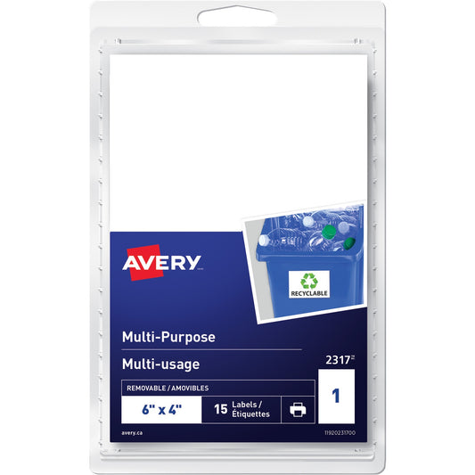 Avery&reg; Multi-Purpose Removable Labelsfor Laser and Inkjet Printers, 6" x 4"