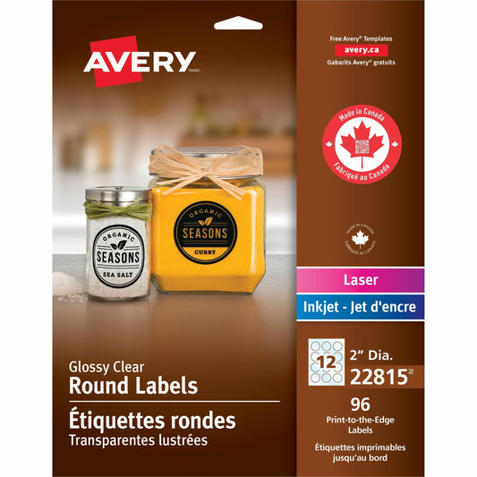 Glossy Clear Round Labels 2" Diameter, Permanent Adhesive, for Laser and Inkjet Printers