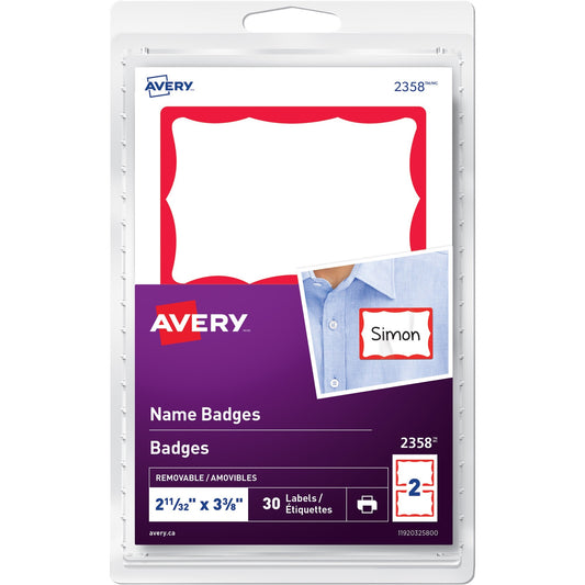 Avery&reg; Name Badge Labelsfor Laser or Inkjet Printers, 2 11/32" x 3-3/8" , Red Border