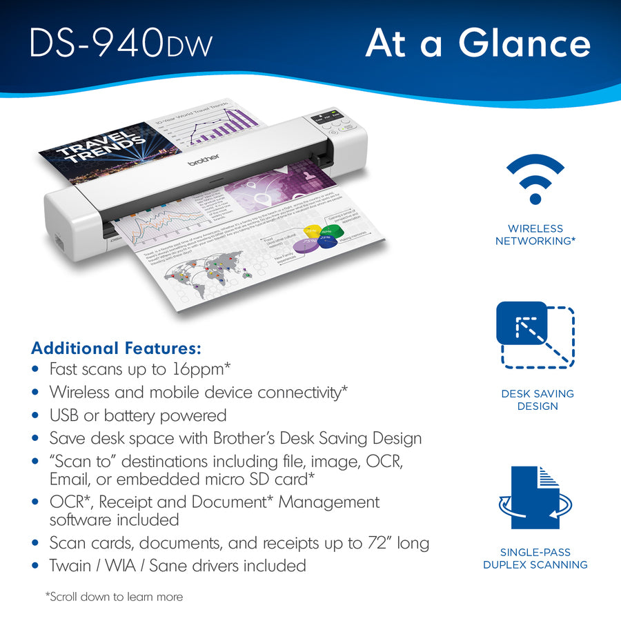 Brother DSMobile DS-940DW Sheetfed Scanner - 1200 dpi Optical - DS940DW