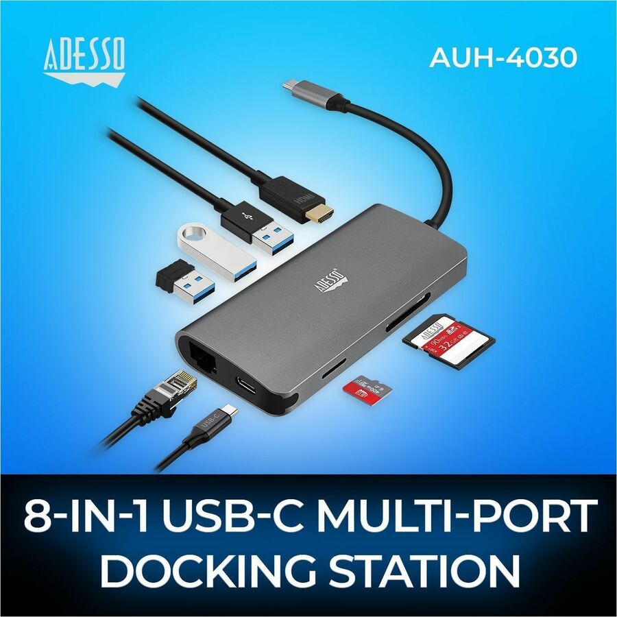 Adesso 8-in-1 USB-C Multi-Port Docking Station - AUH-4030