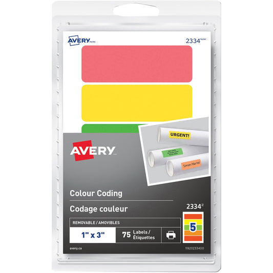 Avery&reg; Removable Rectangular Colour Coding Labelsfor Laser or Inkjet Printers, 1" x 3"