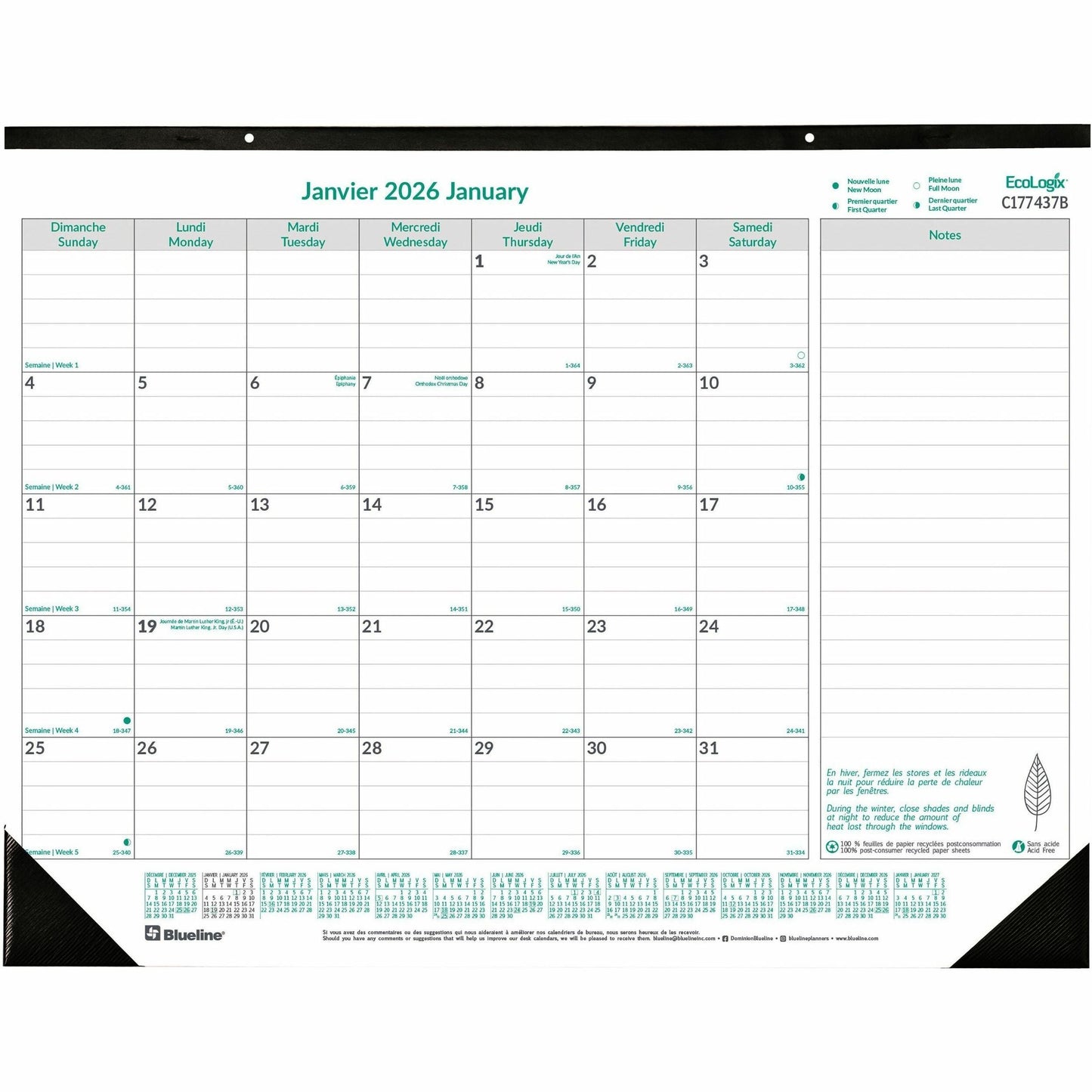 Blueline EcoLogix Monthly Desk Pad Calendar, 22" x 17" , Bilingual
