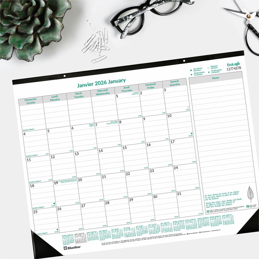 Blueline EcoLogix Monthly Desk Pad Calendar, 22" x 17" , Bilingual - C177437B