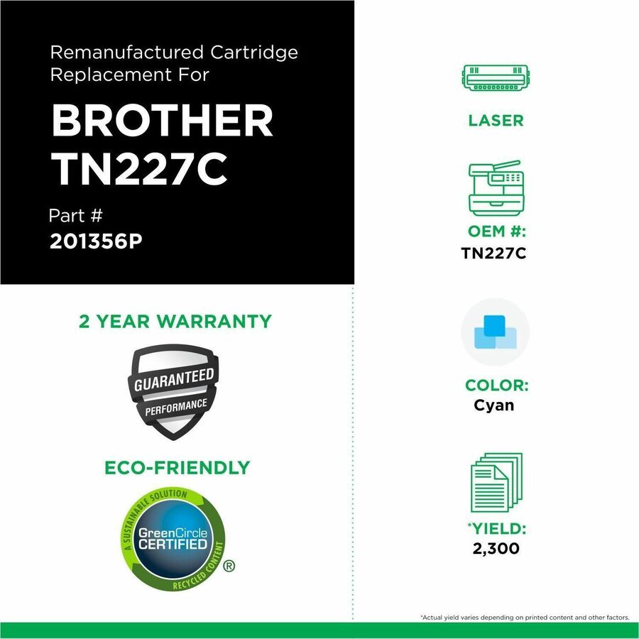 CIG Remanufactured High Yield Laser Toner Cartridge TN227, TN227C (Brother TN227C) - Cyan - 1 Each - 201356P