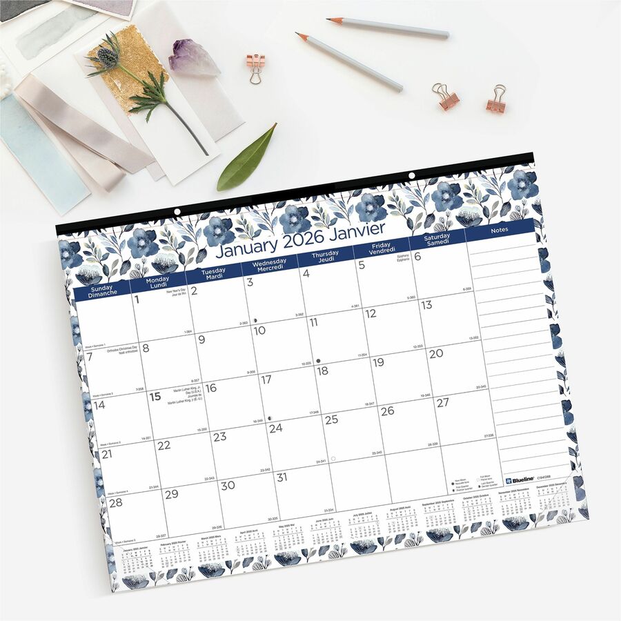 Blueline Azure Monthly Desk Pad Calendar, 22" x 17" , Bilingual - C194125B