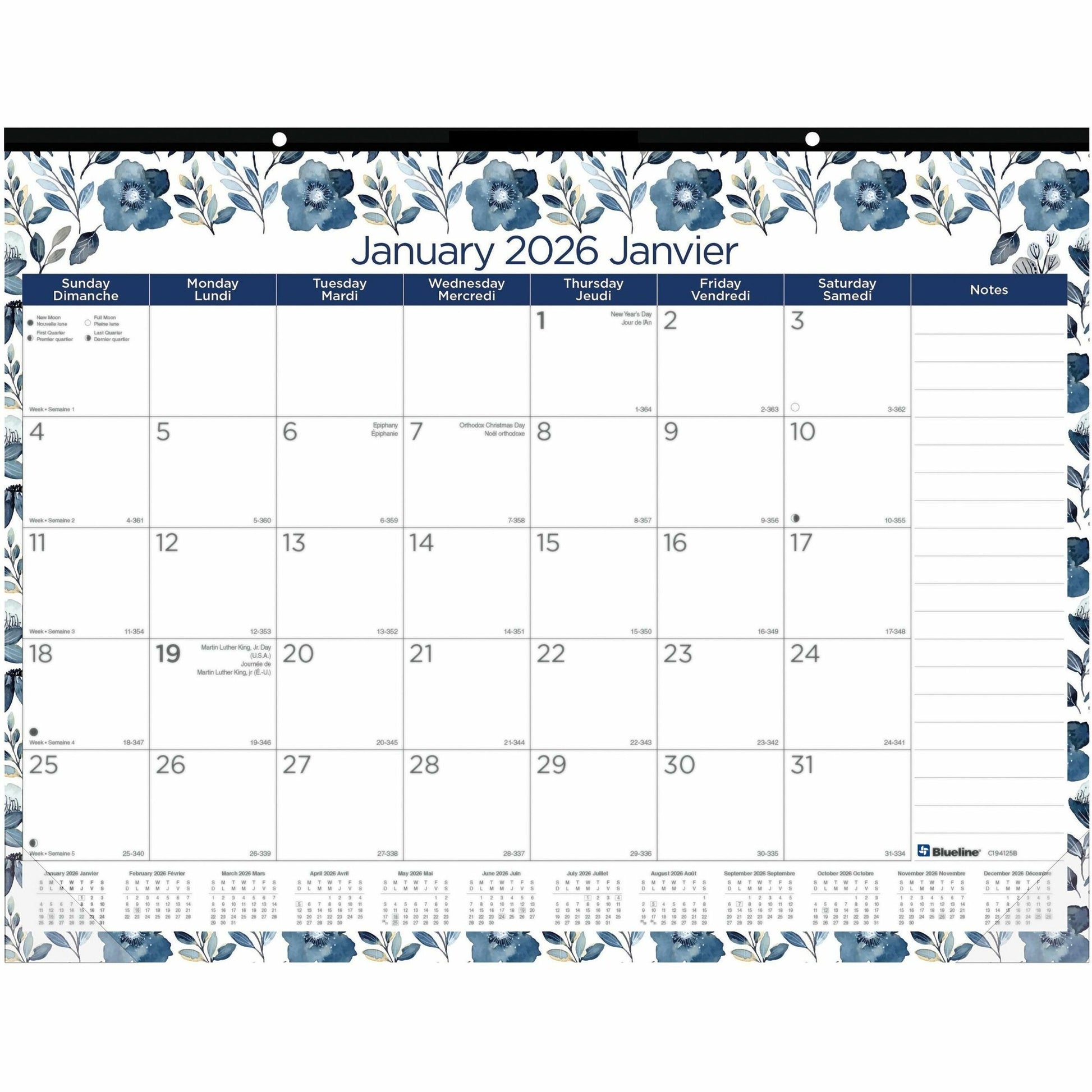 Blueline Azure Monthly Desk Pad Calendar, 22" x 17" , Bilingual
