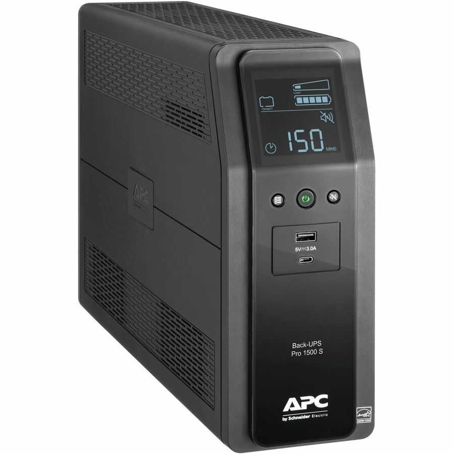 APC Back-UPS Pro, 1500VA/900W, Tower, 120V, 10x NEMA 5-15R outlets, AVR, USB Type A + C ports, LCD, User Replaceable Battery - BR1500MS2