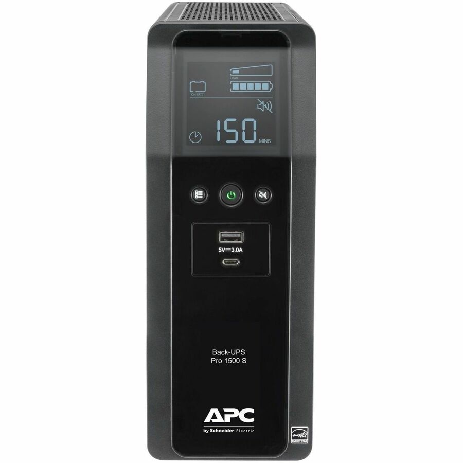 APC Back-UPS Pro, 1500VA/900W, Tower, 120V, 10x NEMA 5-15R outlets, AVR, USB Type A + C ports, LCD, User Replaceable Battery - BR1500MS2
