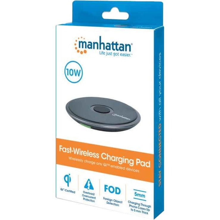 Manhattan Smartphone Wireless Charging Pad, QI certified, 10W, 7.5W and 5W charging, USB-C to USB-A cable included, USB-C input into pad, Cable 1.5m, Black, Three Year Warranty, Boxed - 102186