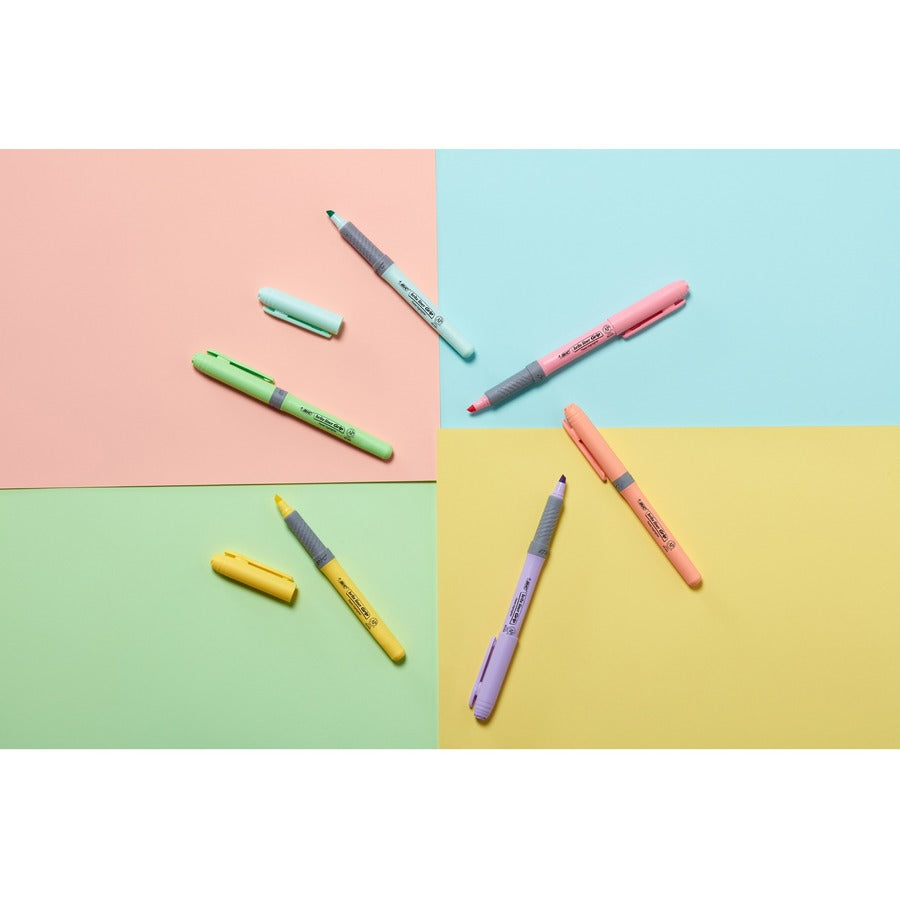BIC Brite Liner Grip Highlighter, Chisel Tip (1.6 mm), Assorted Pastel Colours, For Broad Highlighting & Fine Underlining, 6-Count - GBLDP61-AST