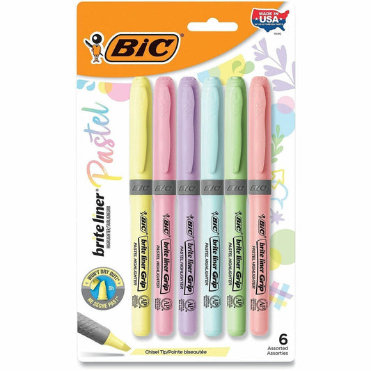 BIC Brite Liner Grip Highlighter, Chisel Tip (1.6 mm), Assorted Pastel Colours, For Broad Highlighting & Fine Underlining, 6-Count