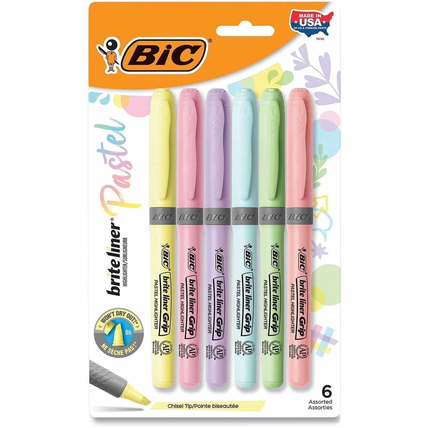 BIC Brite Liner Grip Highlighter, Chisel Tip (1.6 mm), Assorted Pastel Colours, For Broad Highlighting & Fine Underlining, 6-Count