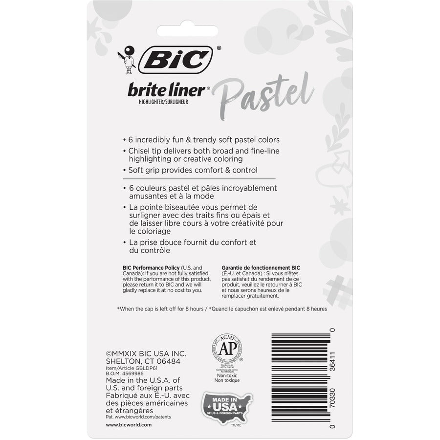 BIC Brite Liner Grip Highlighter, Chisel Tip (1.6 mm), Assorted Pastel Colours, For Broad Highlighting & Fine Underlining, 6-Count - GBLDP61-AST