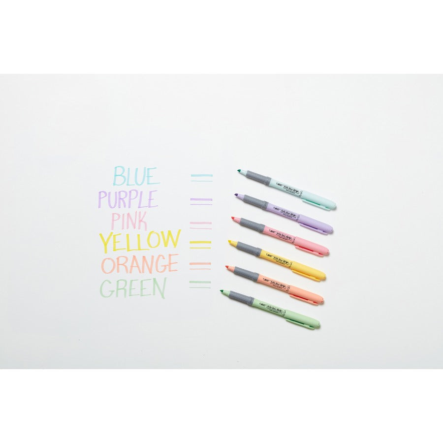 BIC Brite Liner Grip Highlighter, Chisel Tip (1.6 mm), Assorted Pastel Colours, For Broad Highlighting & Fine Underlining, 6-Count - GBLDP61-AST