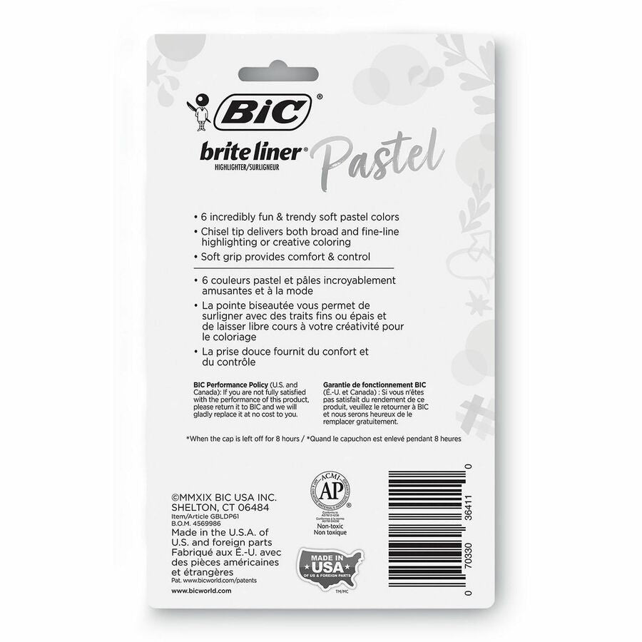 BIC Brite Liner Grip Highlighter, Chisel Tip (1.6 mm), Assorted Pastel Colours, For Broad Highlighting & Fine Underlining, 6-Count - GBLDP61-AST