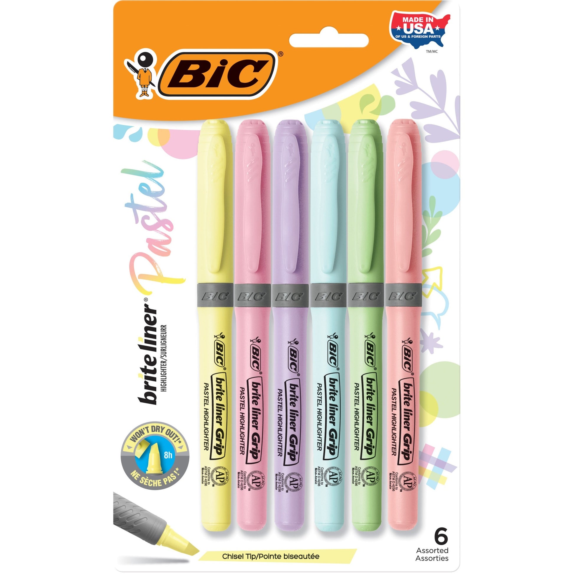 BIC Brite Liner Grip Highlighter, Chisel Tip (1.6 mm), Assorted Pastel Colours, For Broad Highlighting & Fine Underlining, 6-Count