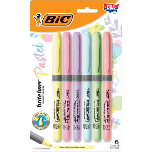 BIC Brite Liner Grip Highlighter, Chisel Tip (1.6 mm), Assorted Pastel Colours, For Broad Highlighting & Fine Underlining, 6-Count