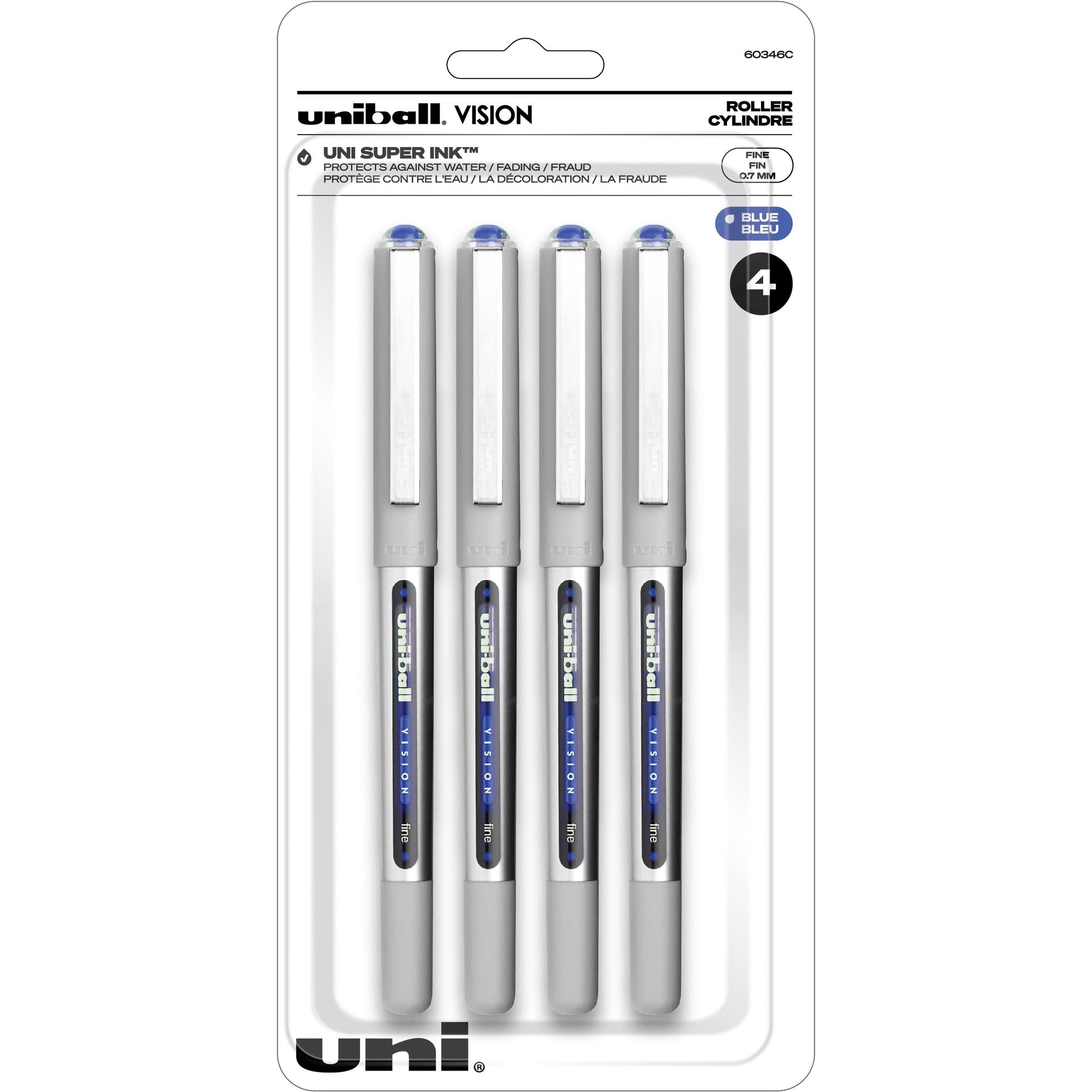 uniball™ Vision Roller Pens 0.7 mm Blue with Grey Barrel 4/pkg