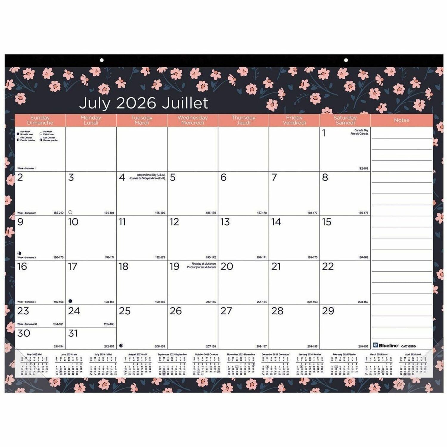 Blueline 2026 - 2027 18-Month Monthly Desk Pad/Calendar - July to December - 22" x 17" - Blossom Collection - Bilingual