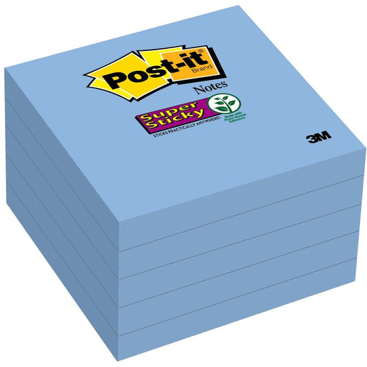 Post-it&reg; Super Sticky Notes 654-5SSBW, 3 in x 3 in (76 mm x 76 mm), Mediterranean Blue