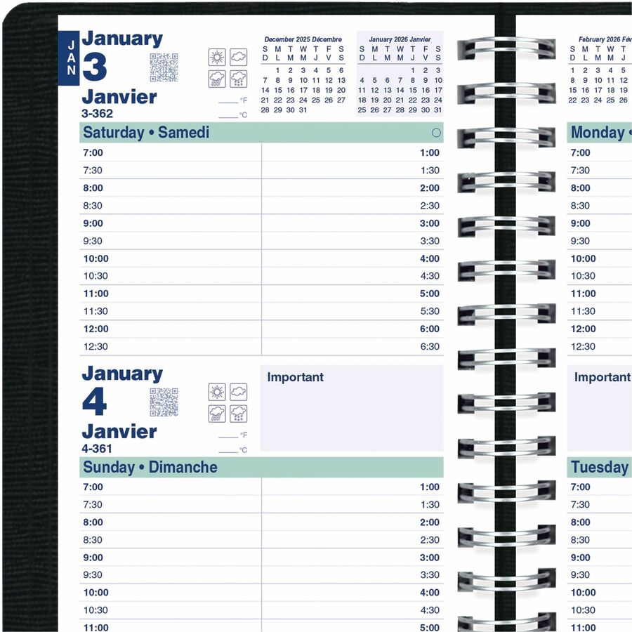 Blueline 2026 Essential 12-Month Daily Planner - 2-Day Per Page - January to December - Black - 8" x 5" - Bilingual - C5104.81BT