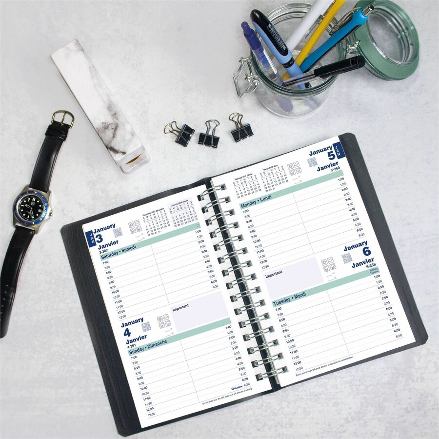 Blueline 2026 Essential 12-Month Daily Planner - 2-Day Per Page - January to December - Black - 8" x 5" - Bilingual - C5104.81BT