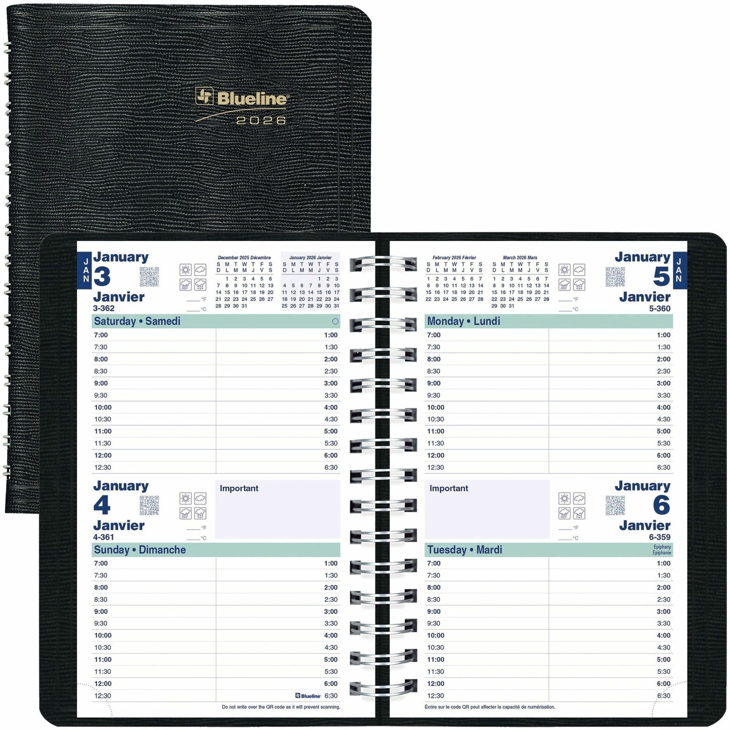 Blueline 2026 Essential 12-Month Daily Planner - 2-Day Per Page - January to December - Black - 8" x 5" - Bilingual