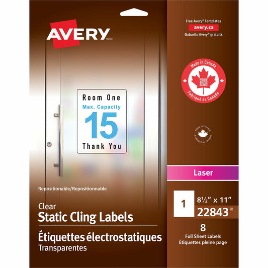 Avery Clear Static Cling Labels 8-1/2" X 11" , Repositionable, for Laser Printers