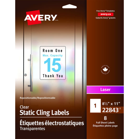 Avery&reg; Clear Static Cling Labels 8-1/2" X 11" , Repositionable, for Laser Printers