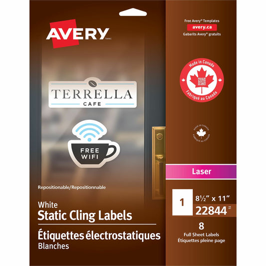 Avery White Static Cling Labels 8-1/2" X 11" , Repositionable, for Laser Printers