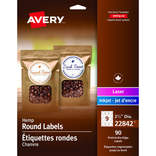 Avery&reg; Hemp Round Labels 2-1/2" Diameter, Permanent Adhesive, for Laser and Inkjet Printers