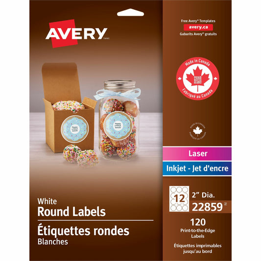 Avery Matte White Round Labels 2" Diameter, Permanent Adhesive, for Laser and Inkjet Printers