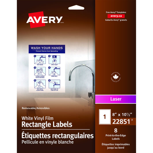 Avery&reg; White Vinyl Film Rectangle Labels 8" X 10-1/2" , Removable Adhesive, for Laser Printers