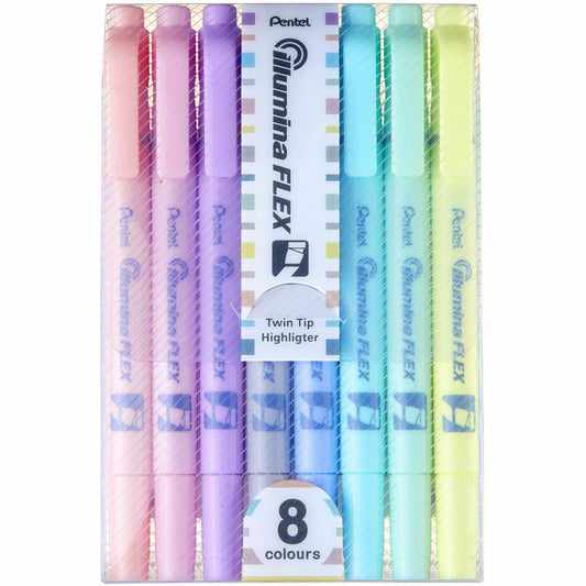 Illumina Flex Liquid Highlighter, Dual Tip - Chisel and Bullet, Pastel Colours 8PC Assorted Pack