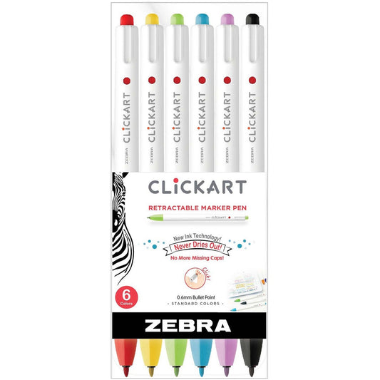 Zebra Pen ClickArt Retractable Markers Bullet Tip Assorted Colours 6/pkg