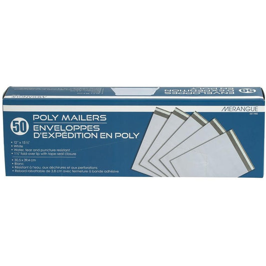 Merangue Poly Mailers 12" x 15-1/2" White 50/pkg