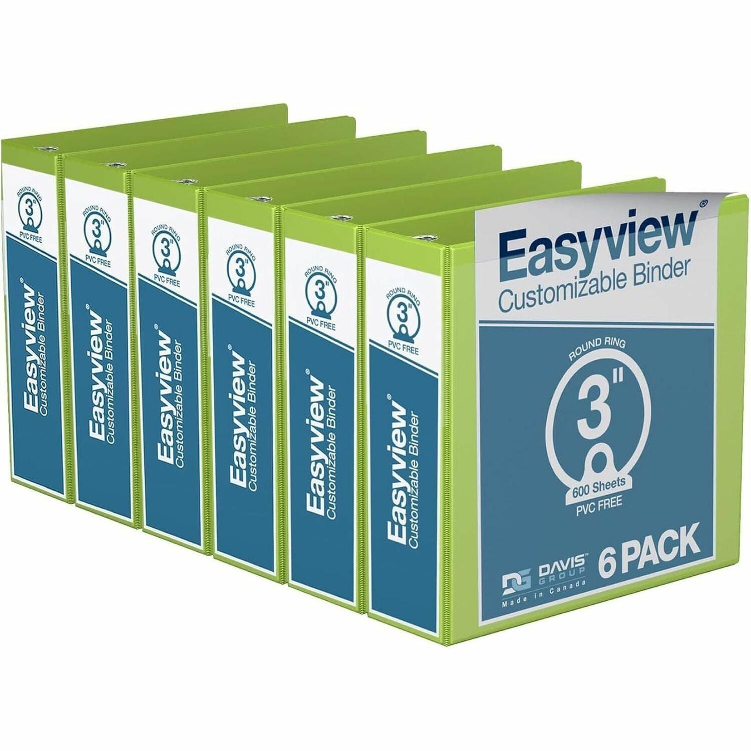 Davis Group Easyview Premium, Round Ring, Customizable, View Binder, 6 Pack (Lime Green, 3")