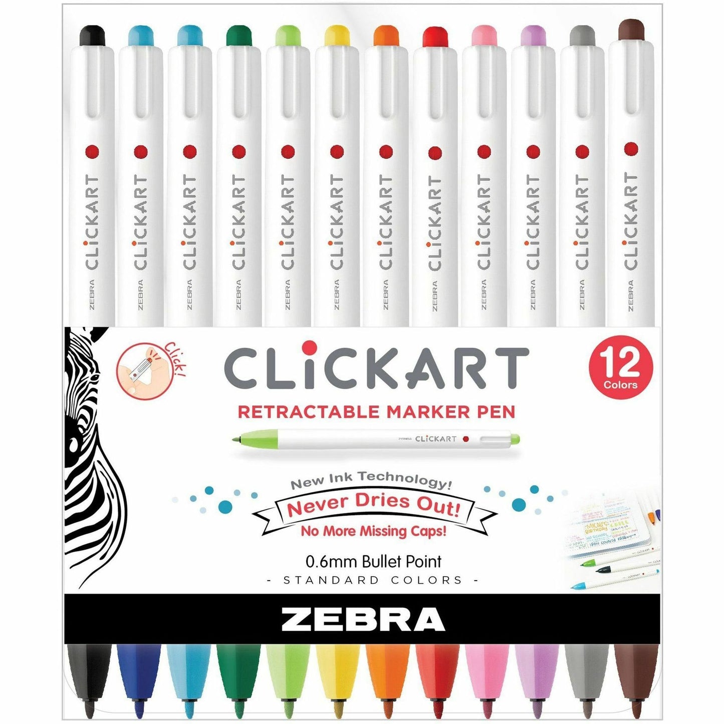 Zebra Pen ClickArt Retractable Markers Bullet Tip Assorted Colours 12/pkg